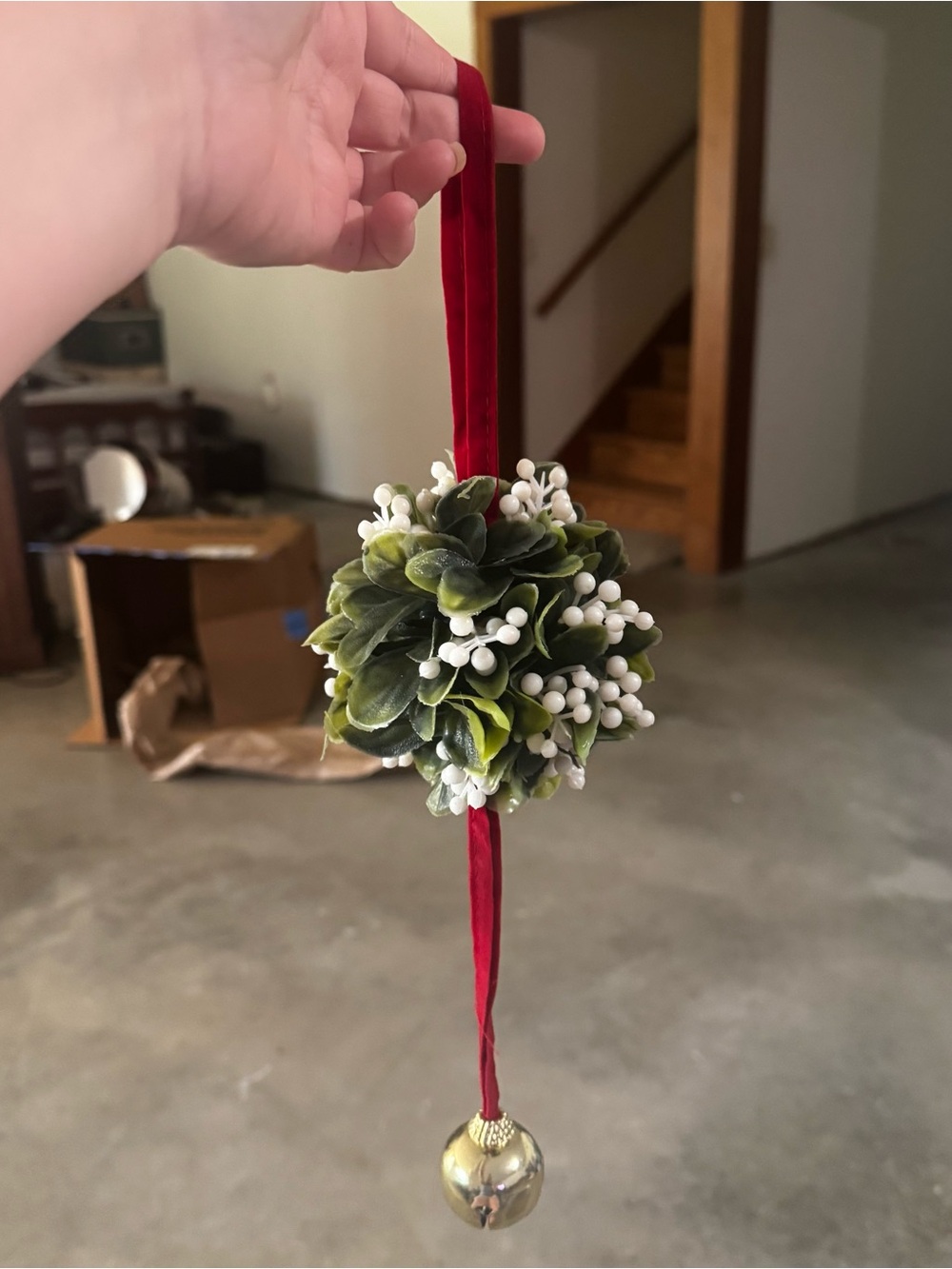 Vintage Hanging Ball Mistletoe with Bell Christmas White Berries Red Felt Ribbon